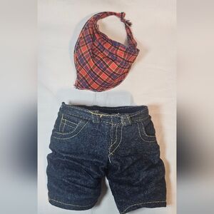 Vintage Plaid Bandana and Denim Jeans Set For Stuffed Animal Bear